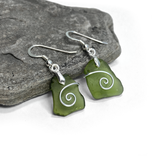 Sea Glass Earrings - Olive Celtic Wire Wrapped Jewellery