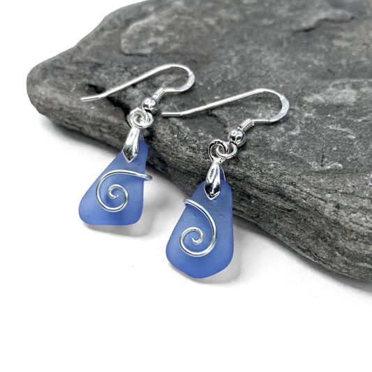 Tumbled Glass Earrings - Blue Celtic Wire Wrapped Jewellery