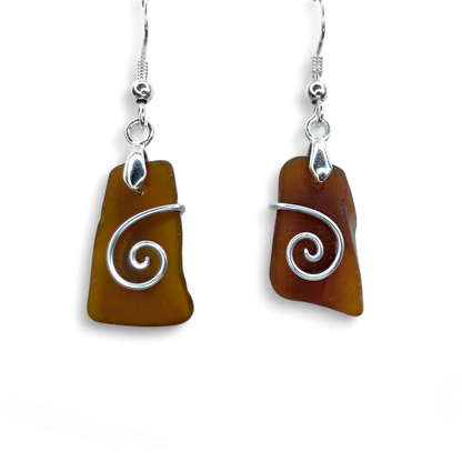 Sea Glass Earrings - Amber Celtic Wire Wrapped Jewellery