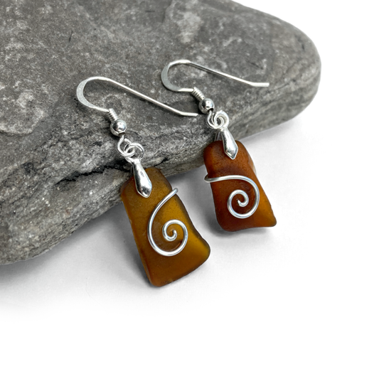 Sea Glass Earrings - Amber Celtic Wire Wrapped Jewellery