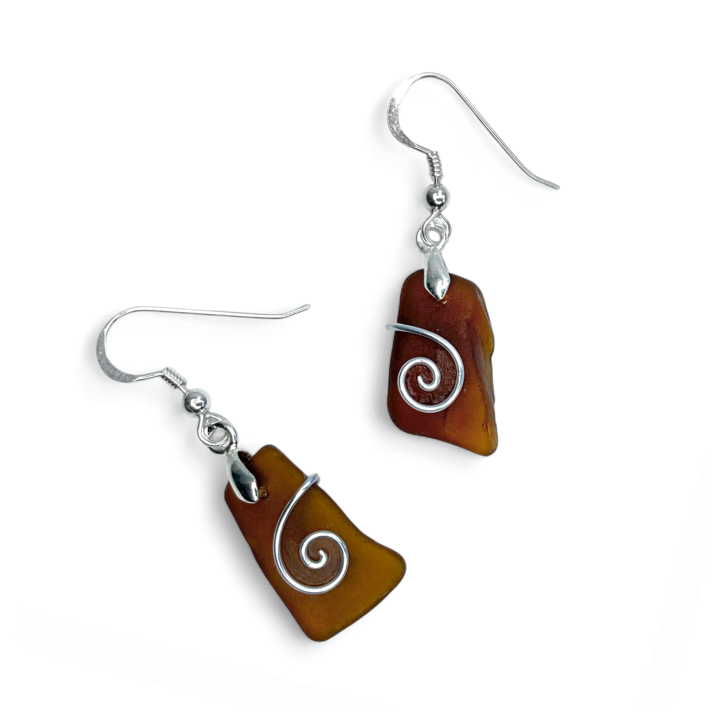Sea Glass Earrings - Amber Celtic Wire Wrapped Jewellery