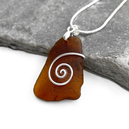 Sea Glass Necklace - Amber Celtic Pendant - Scottish Jewellery