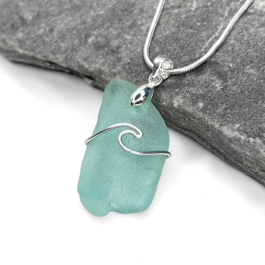 Sea Glass Necklace - Aqua Wave Pendant Scottish Jewellery