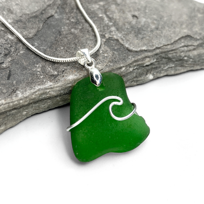 Sea Glass Necklace - Green Wave Pendant - Scottish Jewellery