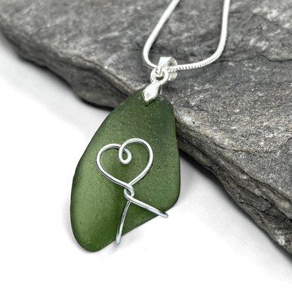 Sea Glass Necklace - Green Heart Pendant - Scottish Jewellery