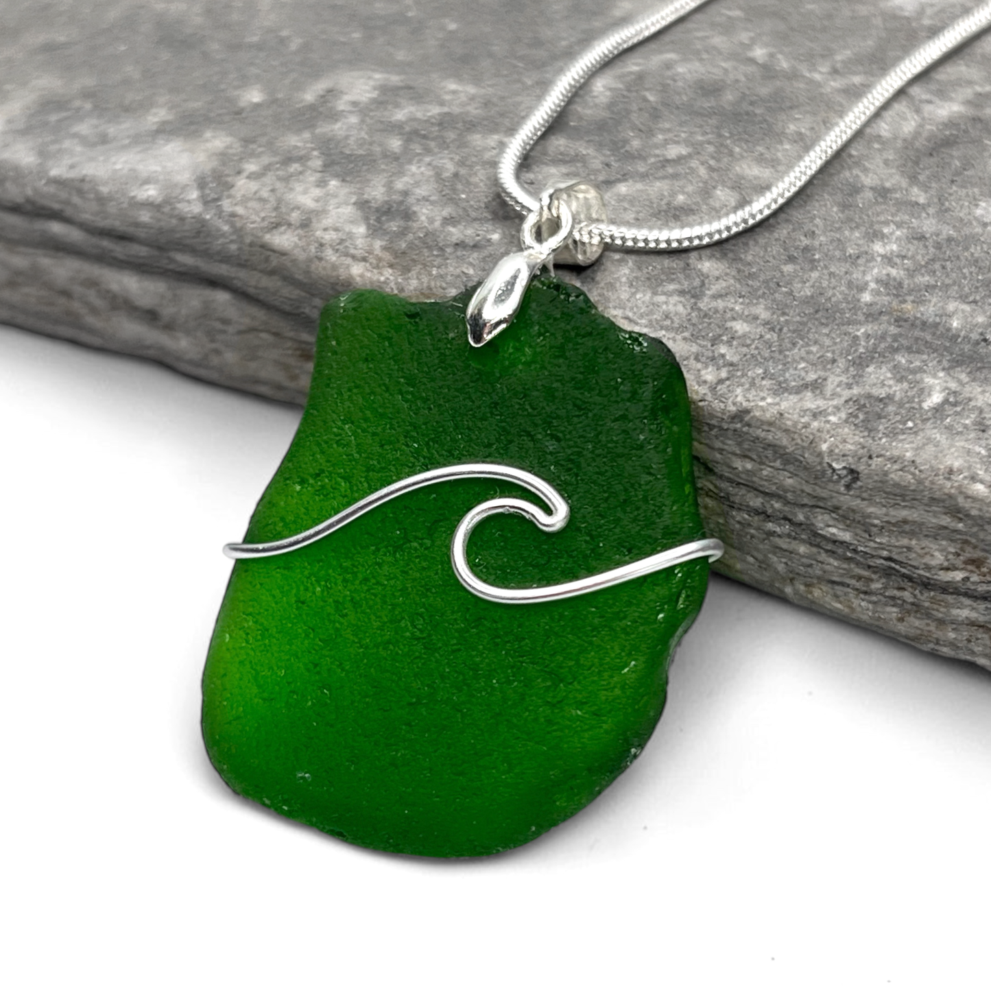 Sea Glass Necklace - Green Wave Pendant Scottish Jewellery