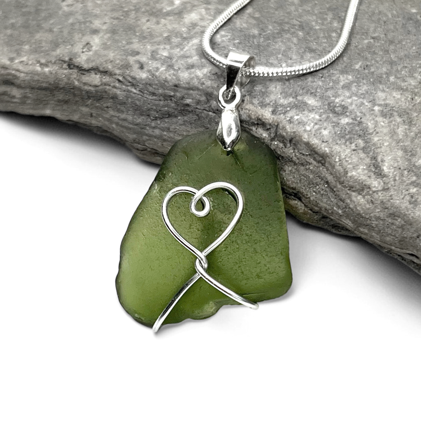 Sea Glass Necklace - Green Heart Pendant - Scottish Jewellery