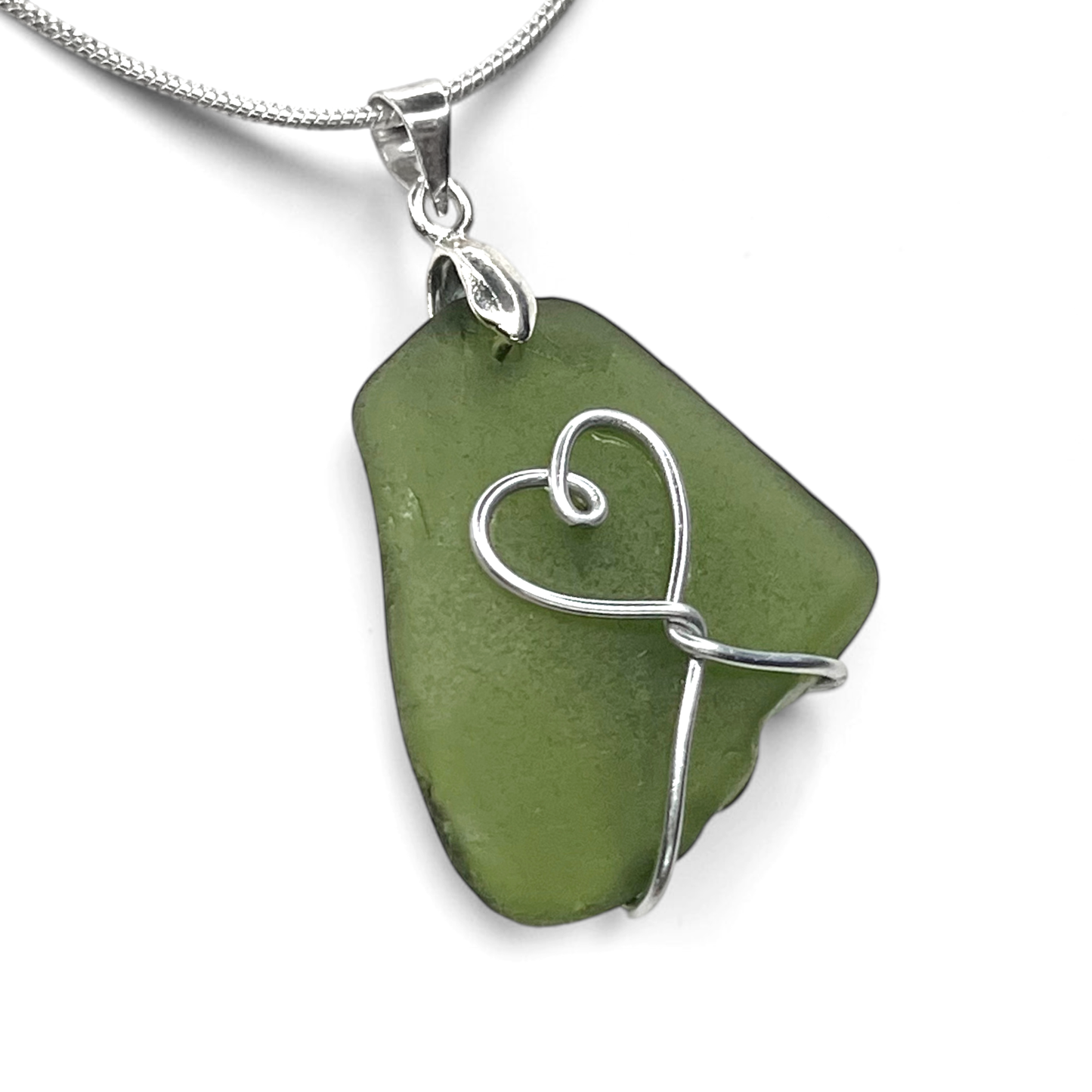 Sea Glass Necklace - Green Heart Pendant - Scottish Jewellery