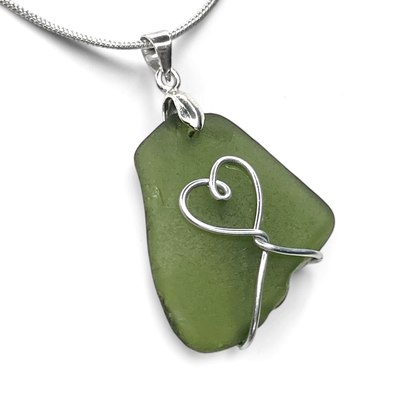 Sea Glass Necklace - Green Heart Pendant - Scottish Jewellery
