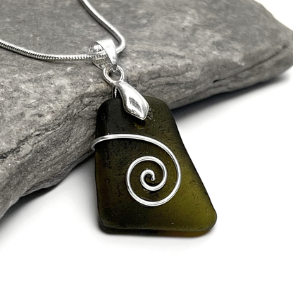 Sea Glass Necklace - Black Celtic Pendant - Scottish Jewellery