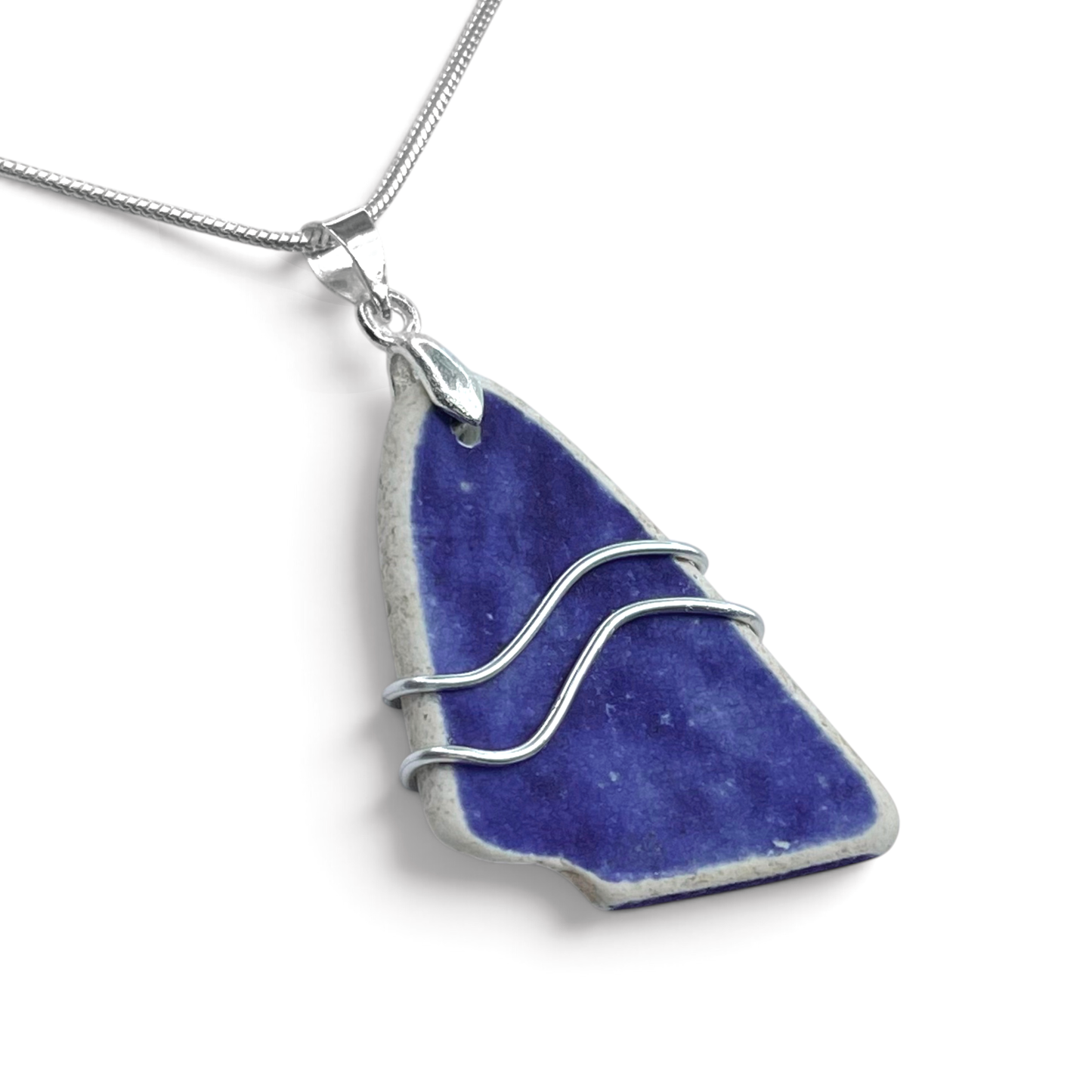 Sea Pottery Pendant - Antique Beach China - Blue Ripples Necklace