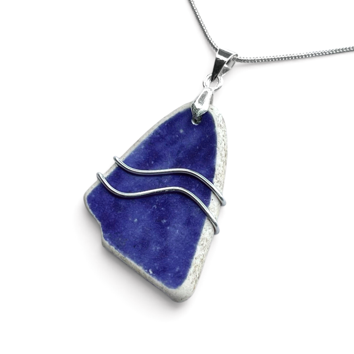 Sea Pottery Pendant - Antique Beach China - Blue Ripples Necklace