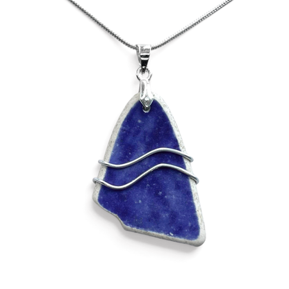 Sea Pottery Pendant - Antique Beach China - Blue Ripples Necklace