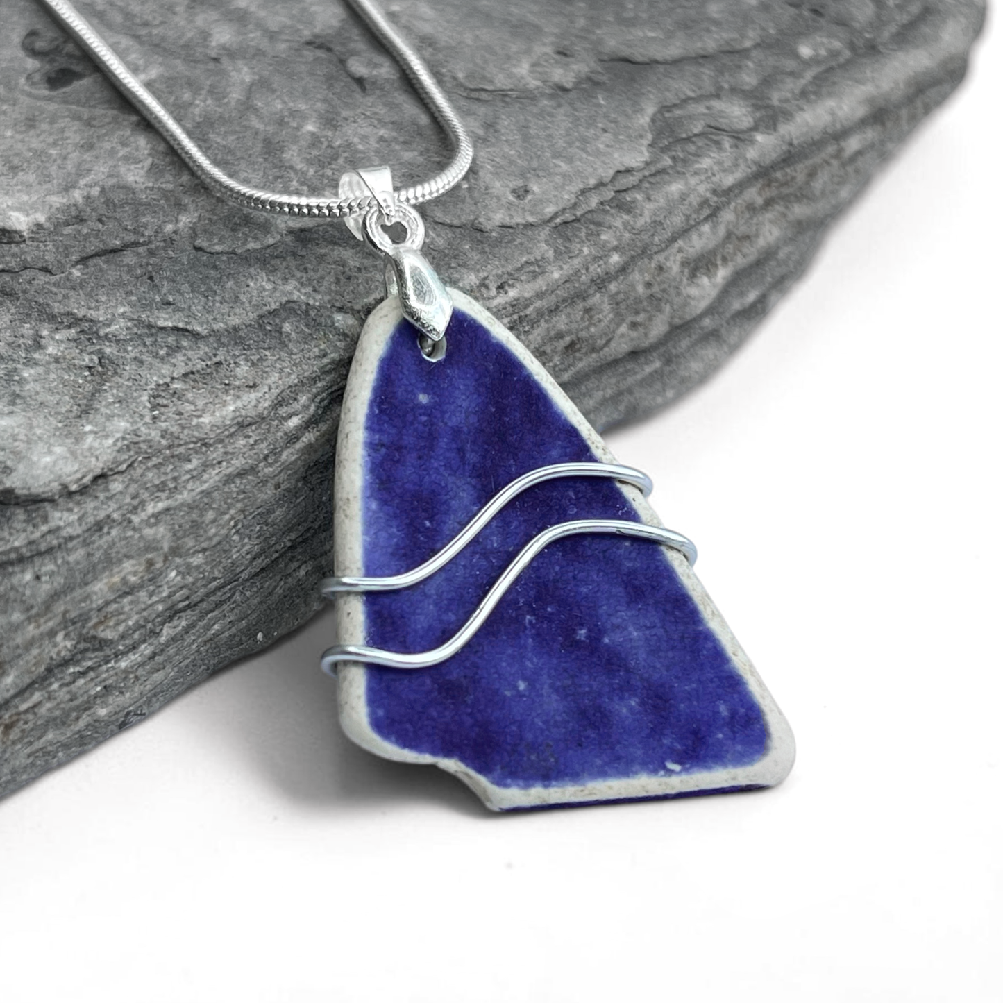Sea Pottery Pendant - Antique Beach China - Blue Ripples Necklace