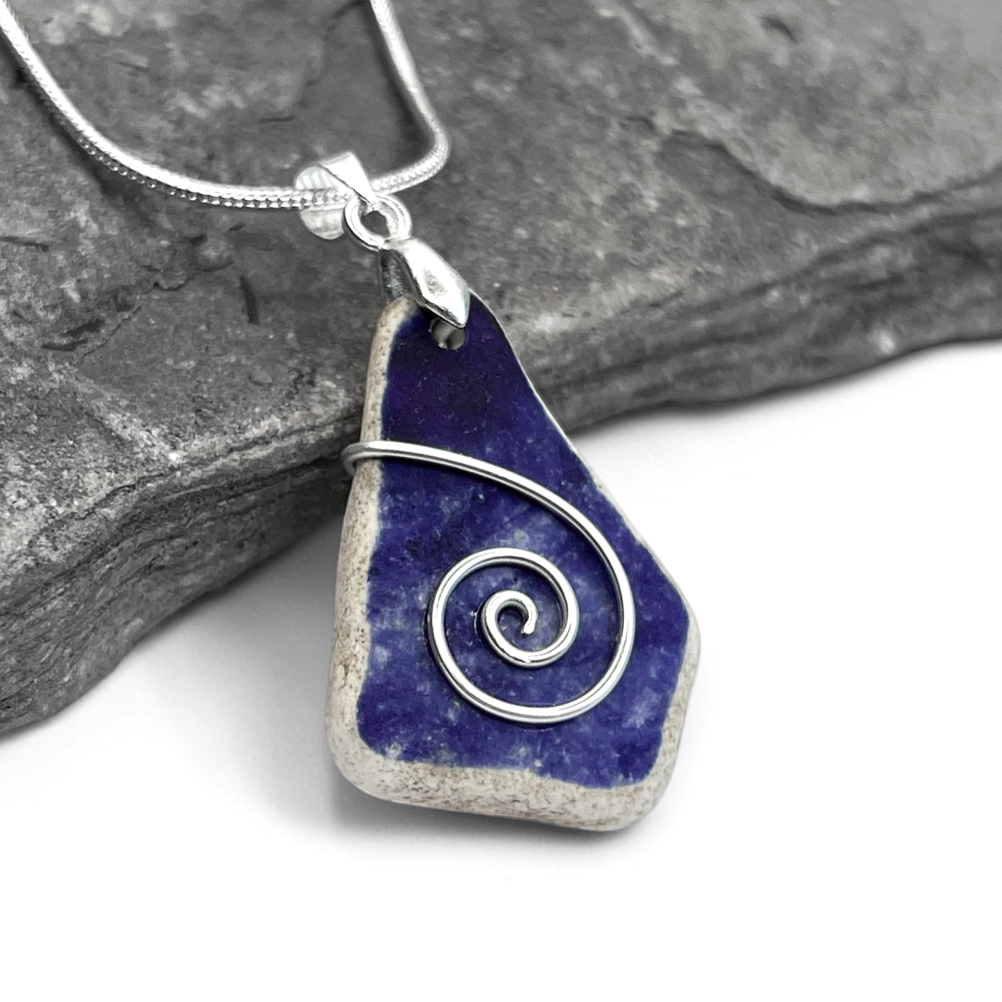 Sea Pottery Pendant - Antique Beach China - Blue Celtic Necklace