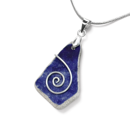 Sea Pottery Pendant - Antique Beach China - Blue Celtic Necklace