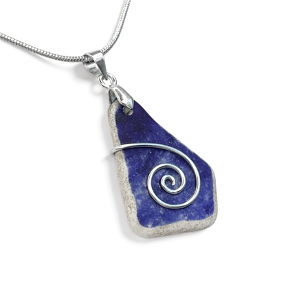 Sea Pottery Pendant - Antique Beach China - Blue Celtic Necklace