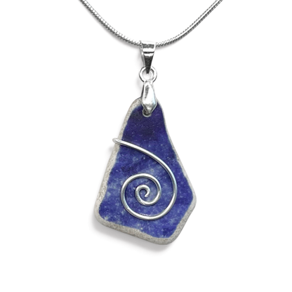 Sea Pottery Pendant - Antique Beach China - Blue Celtic Necklace