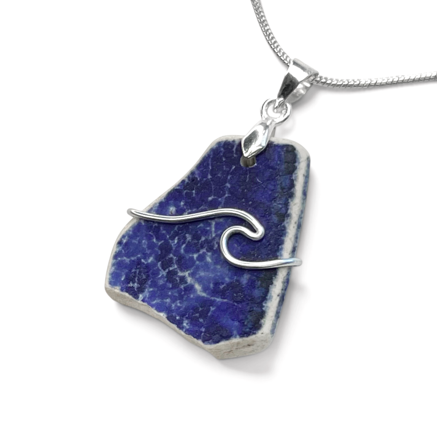 Sea Pottery Pendant - Antique Beach China - Blue Wave Necklace