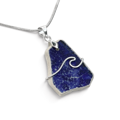 Sea Pottery Pendant - Antique Beach China - Blue Wave Necklace