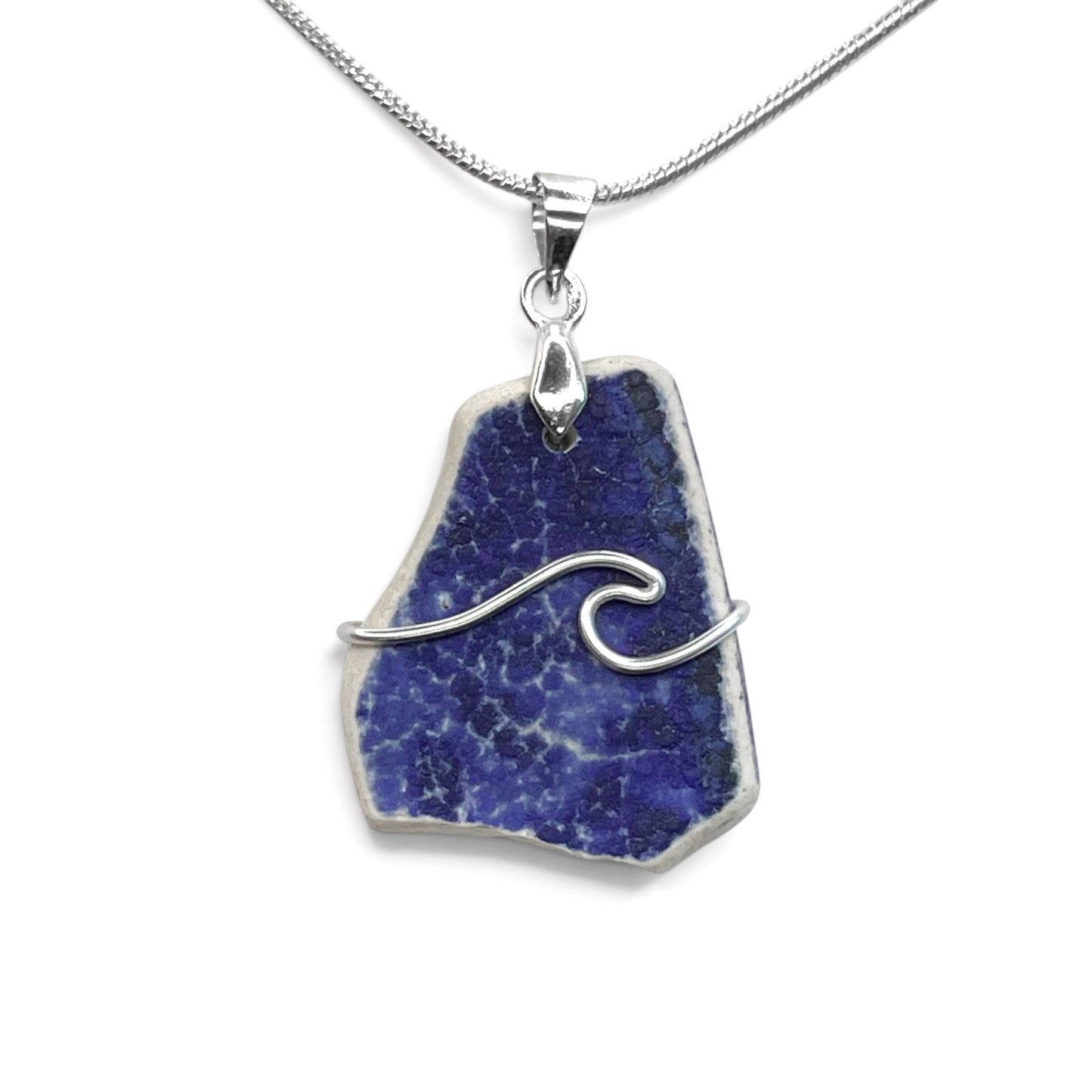 Sea Pottery Pendant - Antique Beach China - Blue Wave Necklace