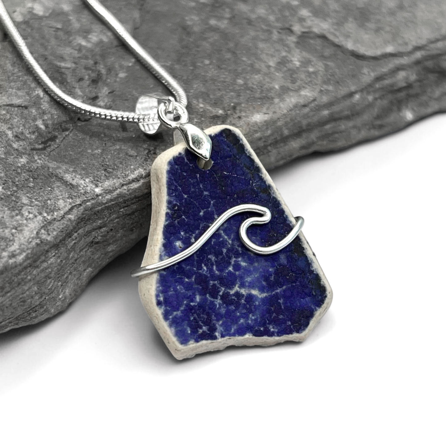 Sea Pottery Pendant - Antique Beach China - Blue Wave Necklace