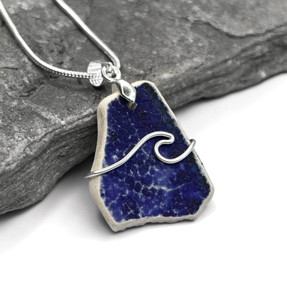 Sea Pottery Pendant - Antique Beach China - Blue Wave Necklace