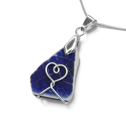 Sea Pottery Pendant - Antique Beach China - Blue Heart Necklace