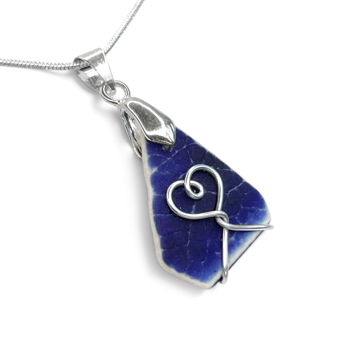 Sea Pottery Pendant - Antique Beach China - Blue Heart Necklace