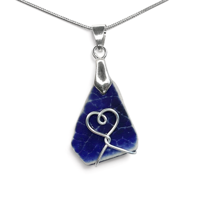 Sea Pottery Pendant - Antique Beach China - Blue Heart Necklace