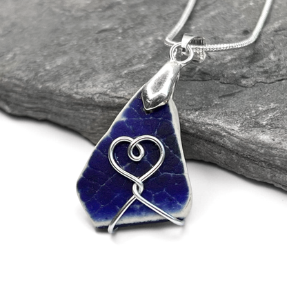 Sea Pottery Pendant - Antique Beach China - Blue Heart Necklace