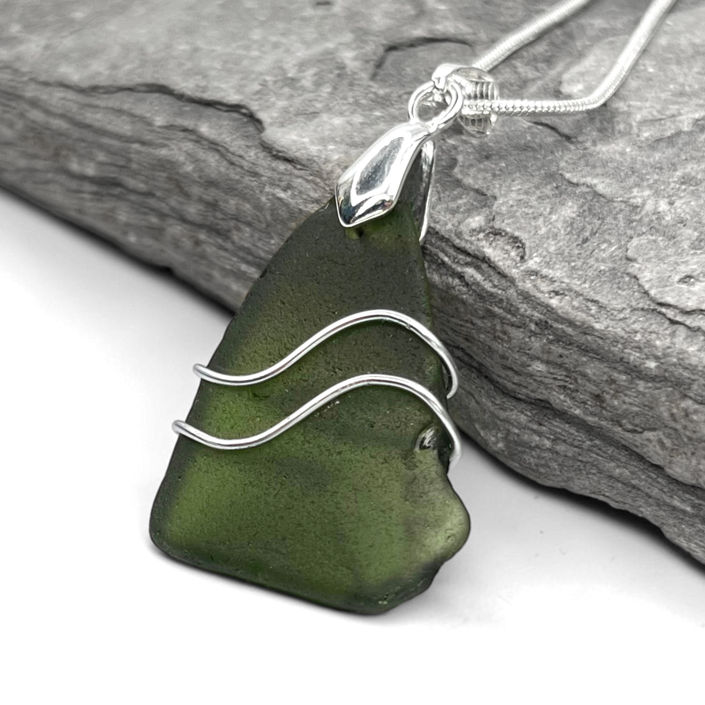 Sea Glass Necklace - Green Ripples Pendant - Scottish Jewellery