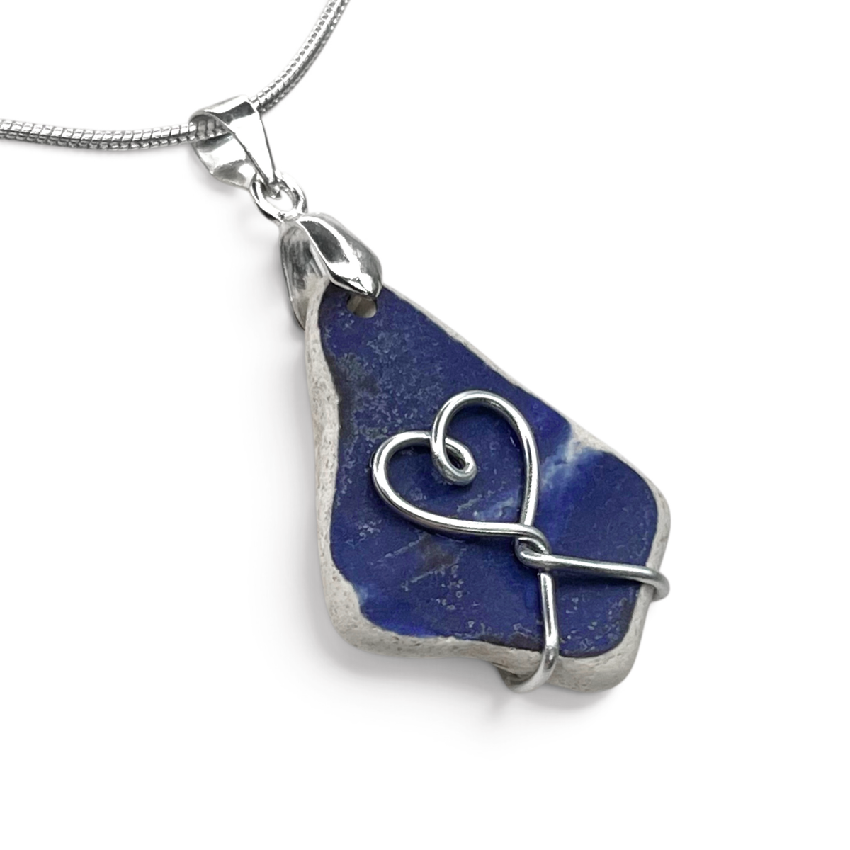 Sea Pottery Pendant - Antique Beach China - Blue Heart Necklace