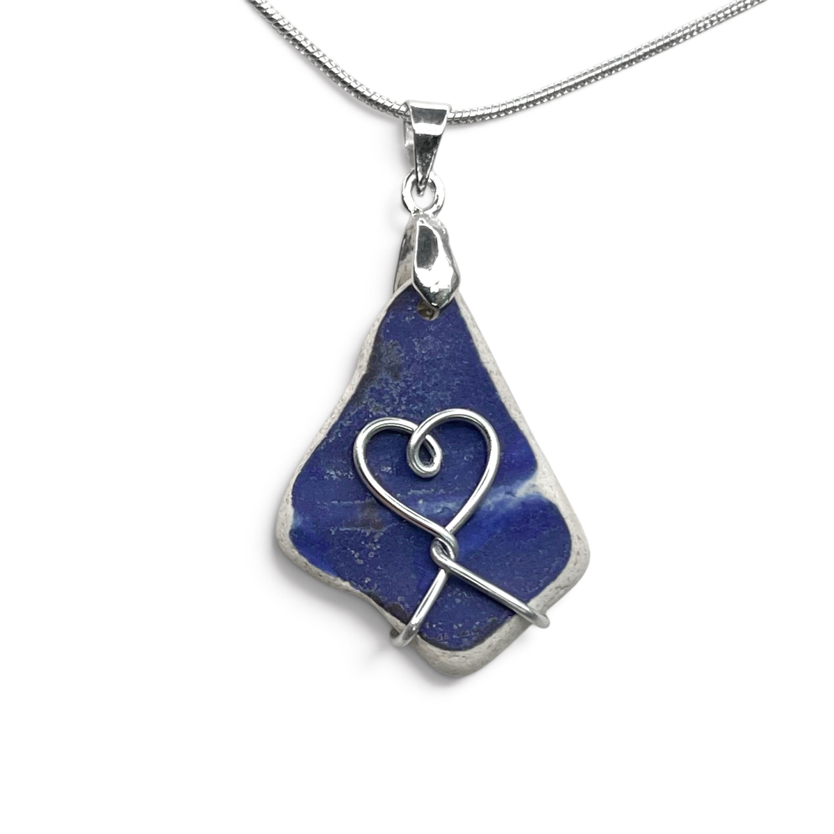 Sea Pottery Pendant - Antique Beach China - Blue Heart Necklace
