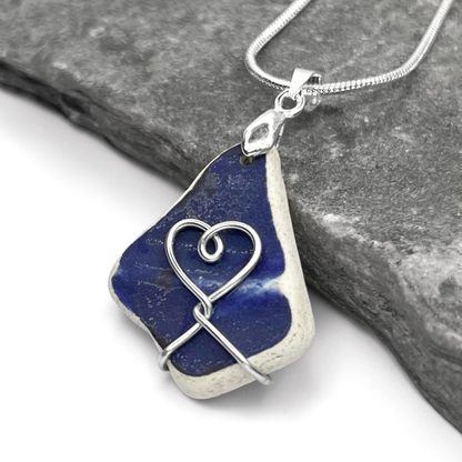Sea Pottery Pendant - Antique Beach China - Blue Heart Necklace