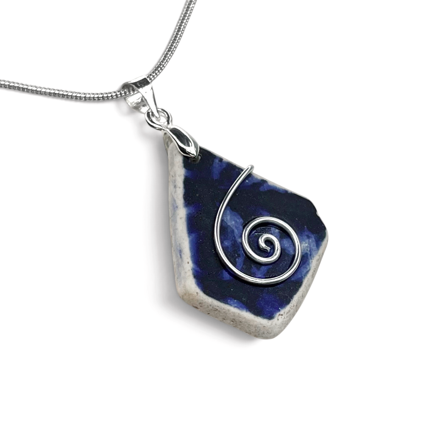Sea Pottery Pendant - Antique Beach China - Blue Celtic Necklace