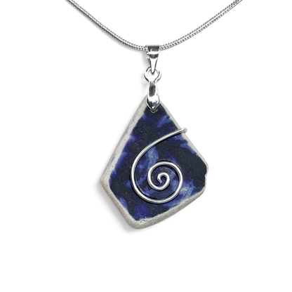 Sea Pottery Pendant - Antique Beach China - Blue Celtic Necklace