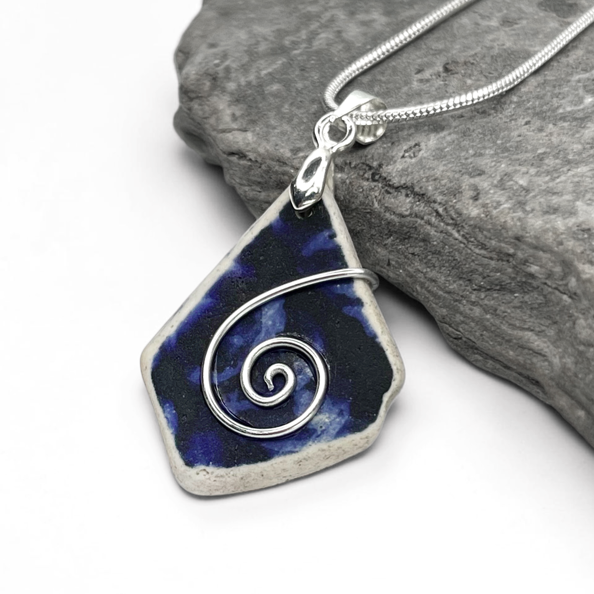 Sea Pottery Pendant - Antique Beach China - Blue Celtic Necklace