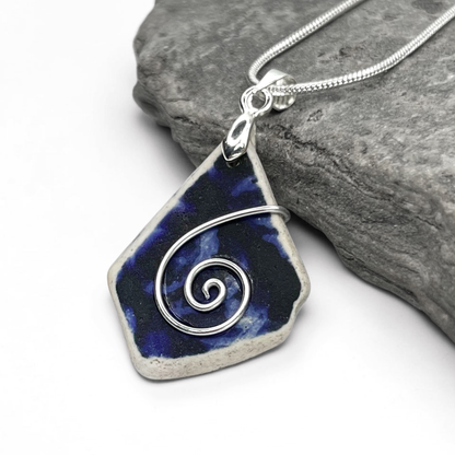 Sea Pottery Pendant - Antique Beach China - Blue Celtic Necklace