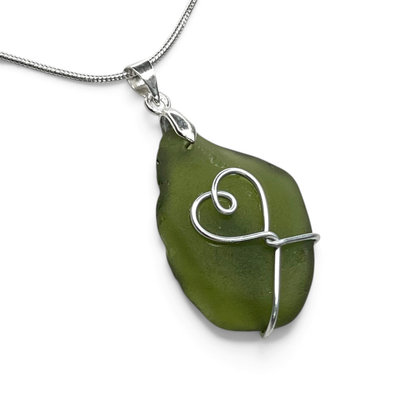 Sea Glass Necklace - Green Heart Pendant - Scottish Jewellery
