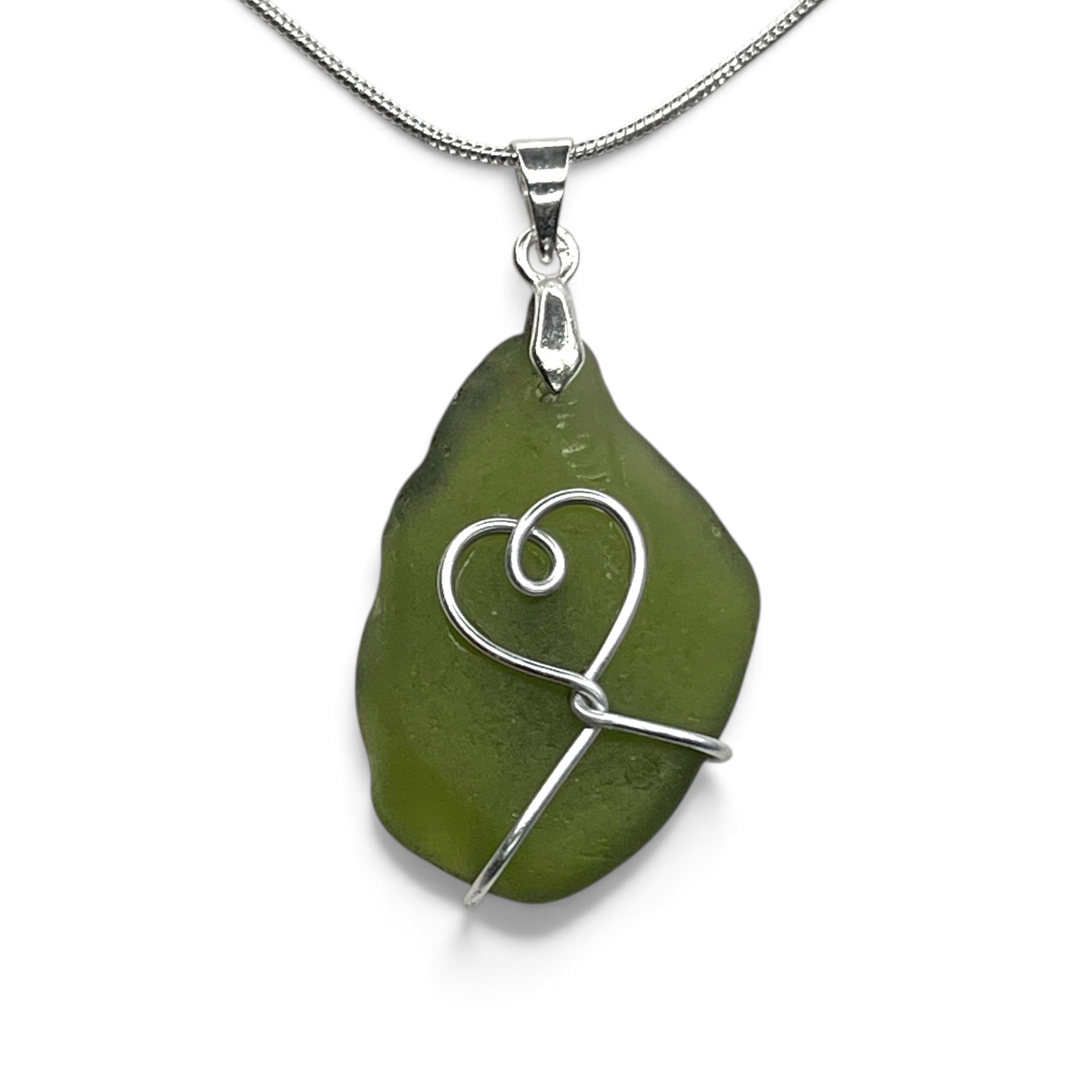 Sea Glass Necklace - Green Heart Pendant - Scottish Jewellery