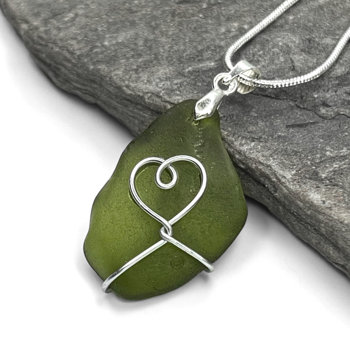Sea Glass Necklace - Green Heart Pendant - Scottish Jewellery