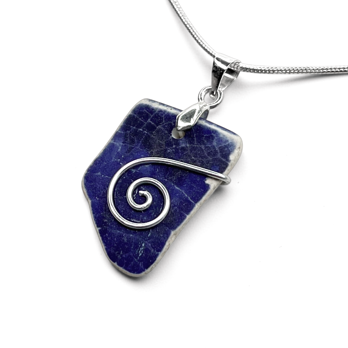Sea Pottery Pendant - Antique Beach China - Blue Celtic Necklace