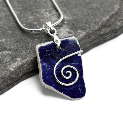 Sea Pottery Pendant - Antique Beach China - Blue Celtic Necklace