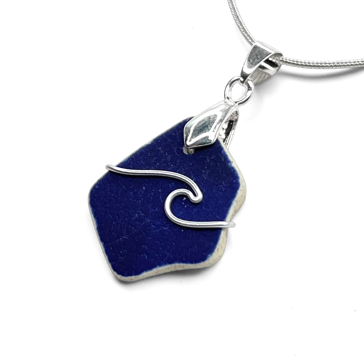 Sea Pottery Pendant - Antique Beach China - Blue Wave Necklace