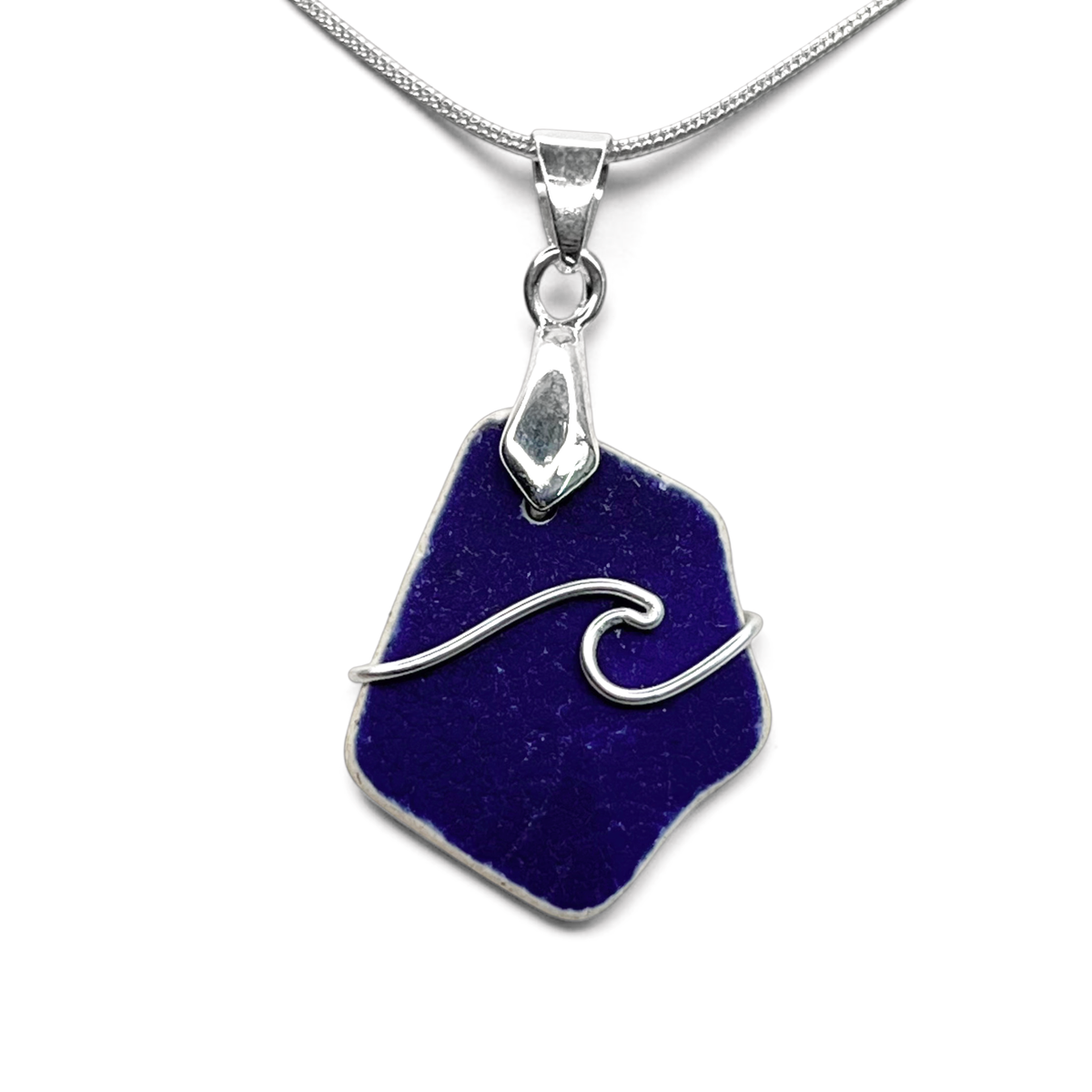 Sea Pottery Pendant - Antique Beach China - Blue Wave Necklace