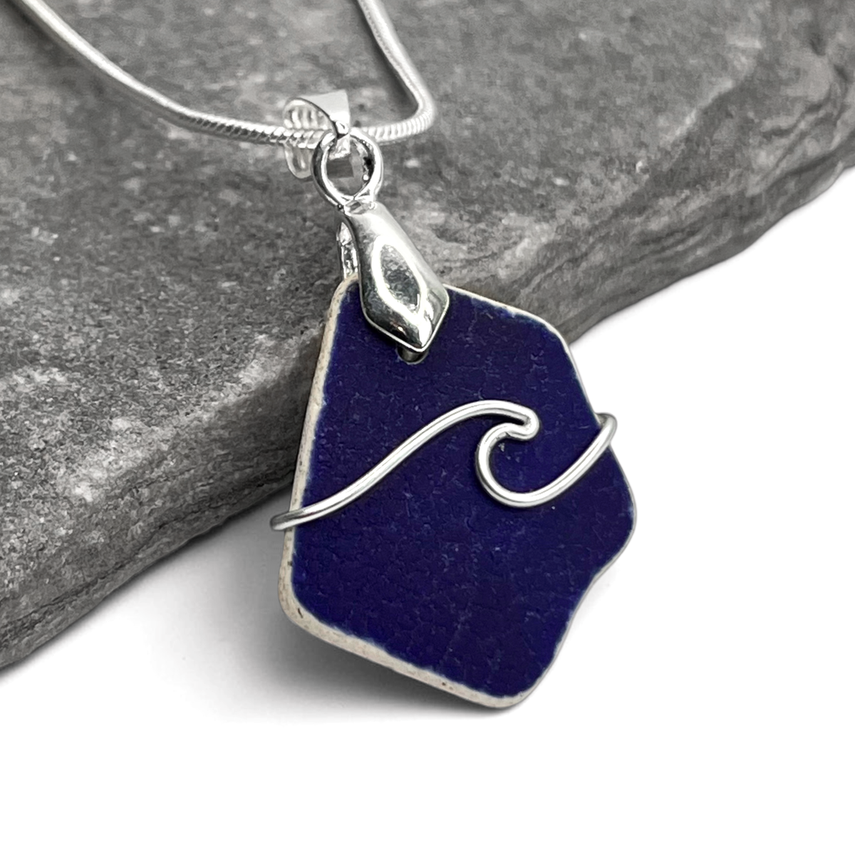 Sea Pottery Pendant - Antique Beach China - Blue Wave Necklace