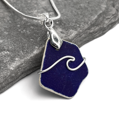 Sea Pottery Pendant - Antique Beach China - Blue Wave Necklace