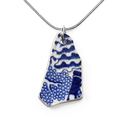 Sea Pottery Pendant - Antique Beach China - Willow Pattern Tree Necklace