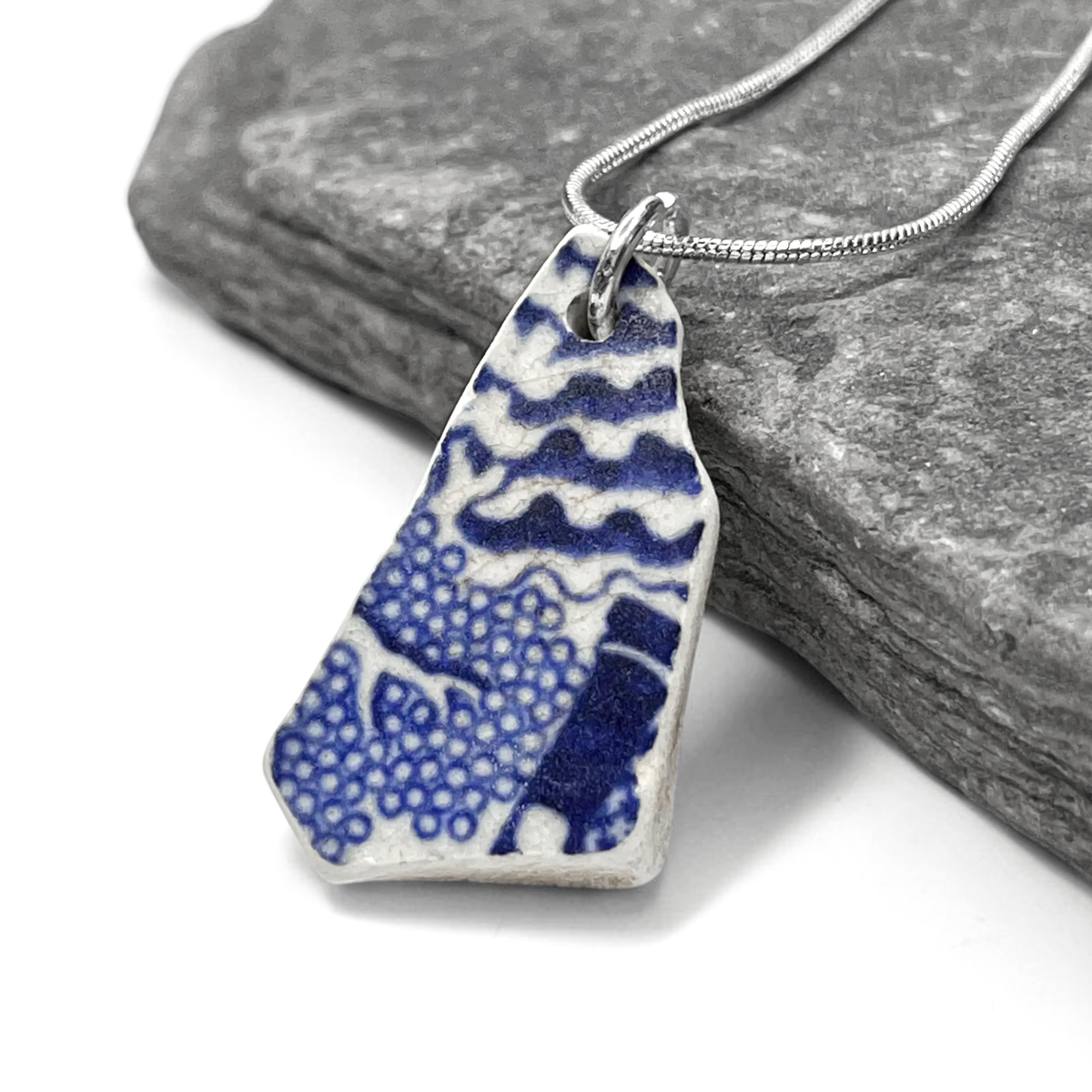 Sea Pottery Pendant - Antique Beach China - Willow Pattern Tree Necklace
